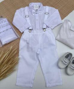 Conjunto Batizado Infantil Menino Calça Body Gravata e Suspensório Branco Premium