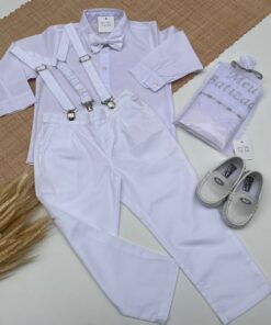 Conjunto Batizado Infantil Menino Calça Camisa Gravata e Suspensório Branco Premium