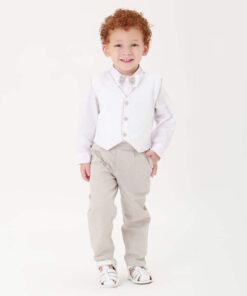 Conjunto Batizado Infantil Menino Calça Camisa e Colete Branco Detalhe Bege e Gravata Borboleta