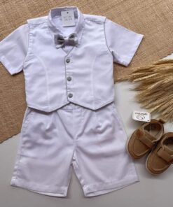 Conjunto Infantil Menino Premium Body Bermuda Colete Branco detalhe Bege e Gravata Borboleta