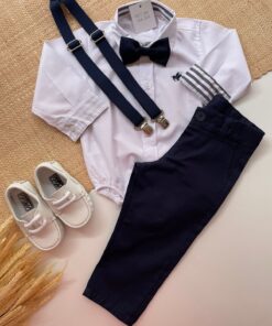 Conjunto Infantil Menino Body Manga Longa Calça Sarja Azul Marinho e Suspensório Azul Marinho