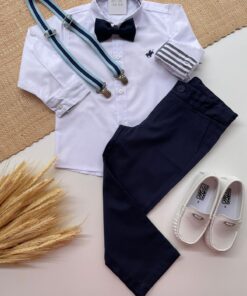 Conjunto Infantil Menino Camisa Manga Longa Calça Sarja Azul Marinho e Suspensório Azul de Listras
