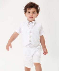 Conjunto Infantil Menino Premium Camisa Bermuda Colete Branco detalhe Bege e Gravata Borboleta