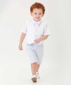 Conjunto Infantil Menino Premium Camisa Branca Bermuda Azul Bebê Gravata Borboleta Colete Branco