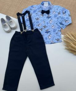 Conjunto Infantil Premium Calça Camisa Manga Longa Tubarão Azul Fundo do Mar Festas Aniversário