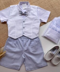 Conjunto Infantil Menino Premium Body Branco Bermuda Azul Bebê Gravata Borboleta Colete Branco