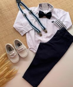 Conjunto Infantil Menino Body Manga Longa Calça Sarja Azul Marinho e Suspensório Azul de Listras