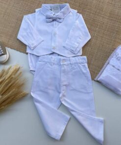 Conjunto Infantil Bebê Calça Colete Gravata Borboleta em Flamê Textura de Linho Body Tricoline Branco Luxo