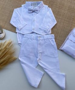 Alternative view of Conjunto Infantil Bebê Calça Colete Gravata Borboleta em Flamê Textura de Linho Body Tricoline Branco Luxo