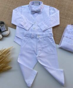 Conjunto Infantil Menino Calça Colete Gravata em Flamê Textura de Linho Branco Camisa Tricoline Branco Luxo