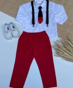 Conjunto Premium Menino Calça Camisa Manga Longa Suspensório e Gravata Mickey Festas Aniversário
