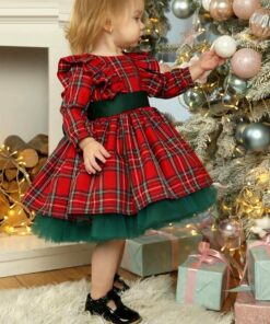 Alternative view of Vestido infantil menina xadrez Festa Natal Laço Verde Premium Luxo Vermelho
