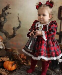 Vestido infantil menina xadrez Festa Natal Bordado Renda Premium Luxo Vermelho