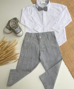 Conjunto Batizado Menino Casamento Infantil Camisa Tricoline Calça em Flamê Cinza Textura de Linho e Gravata