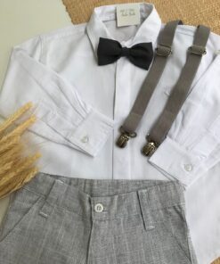 Alternative view of Conjunto Batizado Casamento Infantil Menino Camisa Calça em Tecido Flamê Batizado Casamento Suspensório Cinza e Gravata Chumbo