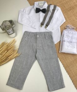 Conjunto Batizado Casamento Infantil Menino Camisa Calça em Tecido Flamê Batizado Casamento Suspensório Cinza e Gravata Chumbo