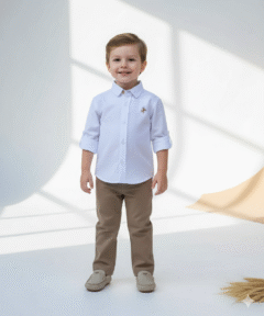 Conjunto Batizado Gabriel Infantil Menino Calça Sarja Caqui Camisa Branco detalhe Bege Formatura