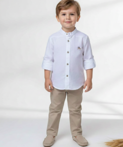Conjunto Batizado Raul Infantil Menino Calça Sarja Skinny Areia Bata Gola Padre Manga longa Casamento Pajem Formatura