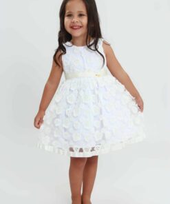 Vestido Infantil Batizado Sem Manga Menina Maria em Algodão Flor Solta Laço e barra em Fita Gorgurão