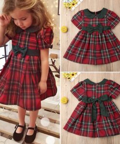 Vestido de Natal infantil menina xadrez Festa Laço Gola boneca Manga curta Premium