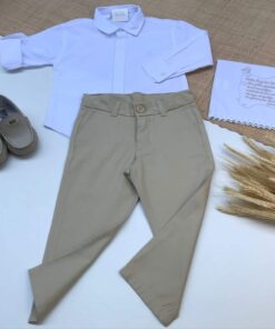 Conjunto Infantil Menino Calça Sarja Skinny Areia Camisa Tricoline Branco