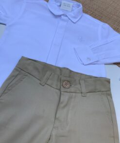 Conjunto Infantil Menino Calça Sarja Skinny Areia Camisa Tricoline Branco