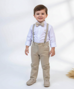 Conjunto Kauê Infantil Batizado Menino Camisa Branca detalhe Bege Calça Sarja Areia Suspensório e Gravata Borboleta Bege