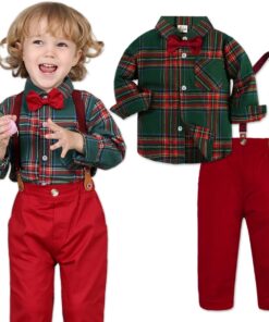 Conjunto Infantil Menino Natal Calça Vermelha Camisa Xadrez Suspensório e gravata Festas