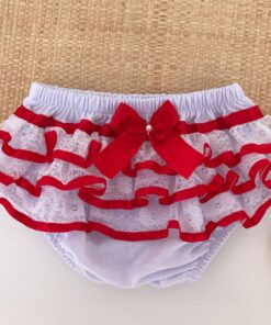 Calcinha Infantil Menina Renda Branca Fita em Cetim Vermelho Laço Bebê Festas