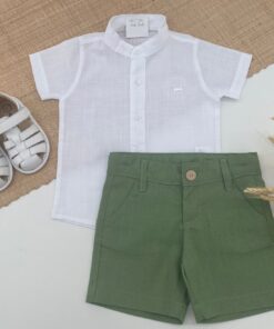Conjunto Batizado Casamento Verão Infantil Bata Gola Padre Cambraia e Bermuda linho Verde