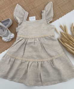 Vestido Infantil Maya Verão Menina em Linho Bege Laço e Botões