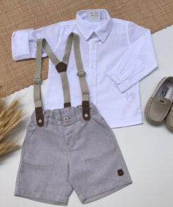 Alternative view of Conjunto Batizado Casamento Verão Infantil Camisa Manga Longa em Cambraia e Bermuda Bege com Suspensório