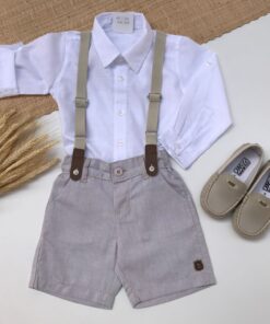 Conjunto Batizado Casamento Verão Infantil Camisa Manga Longa em Cambraia e Bermuda Bege com Suspensório