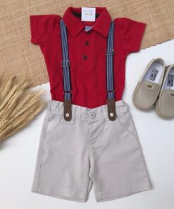 Conjunto Festas Verão Infantil Camisa Polo Manga Curta Vermelha e Bermuda Bege Oxford com Suspensório