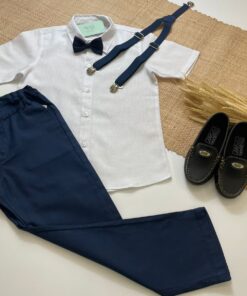Conjunto Infantil Menino Calça Azul Marinho Camisa Linho Branco Manga Curta Suspensório Gravata Borboleta Azul Marinho