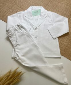 Conjunto Infantil Menino Calça Sarja Branco e Blazer Branco em Modelagem Oxford Luxo Festas