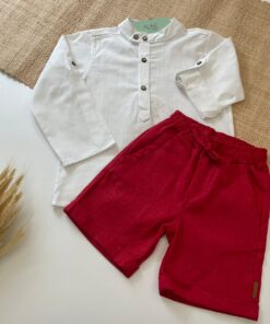 Conjunto Infantil Menino Camisa Bata Gola Padre Branco Bermuda Linho Vermelho Natal Luxo Festas