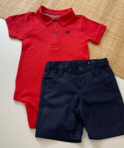 Conjunto Infantil Menino Camisa Body Polo Vermelho Bermuda Sarja Azul Marinho Natal Luxo Festas