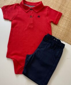 Alternative view of Conjunto Infantil Menino Camisa Body Polo Vermelho Bermuda Sarja Azul Marinho Natal Luxo Festas