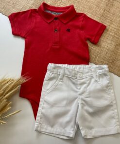 Conjunto Infantil Menino Camisa Body Polo Vermelho Bermuda Sarja Branca Natal Luxo Festas
