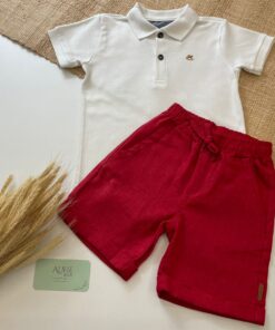 Conjunto Infantil Menino Camisa Polo Branco Bermuda Linho Vermelho Natal Luxo Festas