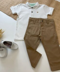 Conjunto Infantil Menino Luxo Camisa Polo Branca Calça Sarja Caqui Festas