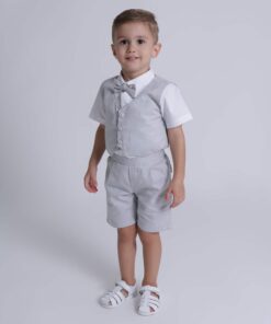 Conjunto Infantil Menino Premium Camisa Branca Bermuda Gravata Borboleta e Colete Cinza Rústico