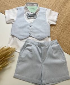Conjunto Infantil Menino Premium Camisa Branco Bermuda Gravata Borboleta Colete Azul Bebê