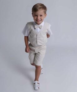 Conjunto Infantil Menino Premium Camisa Branco Bermuda Gravata Borboleta e Colete Bege Marfim