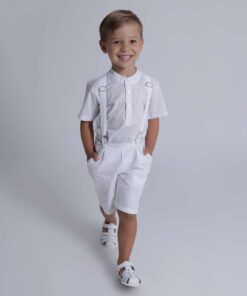 Conjunto Luxo Premium Infantil Menino Body Gola Padre Branca Bermuda e Suspensório Branco