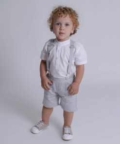 Conjunto Luxo Premium Infantil Menino Body Gola Padre Branco Bermuda e Suspensório Cinza Rústico