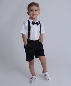Conjunto Premium Infantil Menino Camisa Branco Bermuda Suspensório e Gravata Preto
