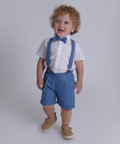Conjunto Premium Infantil Menino Camisa Branco Bermuda Suspensório e Gravata Azul Celeste