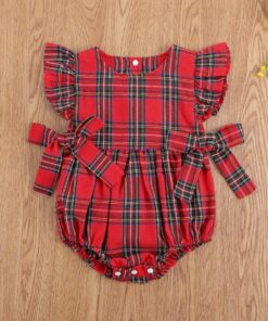 Body Natal Bebê manga curta plissado Banho de sol xadrez estampado Vermelho Premium